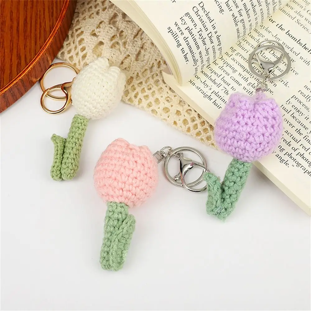 DIY Craft Flower Leaf Knitted Keychain Handmade Wool Crochet Flowers Keyring Fresh Cartoon Weaved Keyrings Girl Gifts