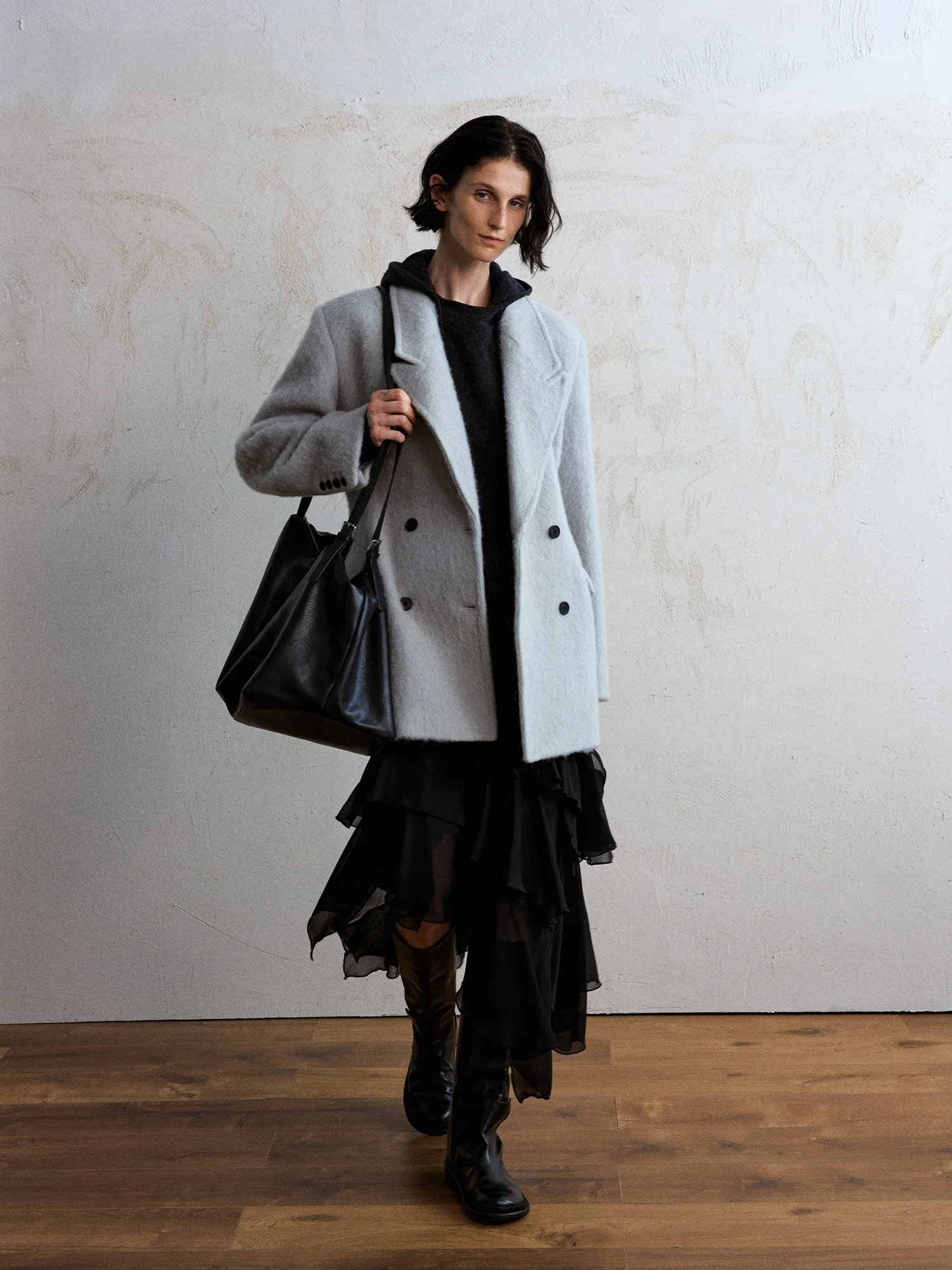 

DAOXU Reverse Order Particle Texture Alpaca Wool Stand Collar Sanlass Sle Suit Coat Women's Casual Faion Outerwear