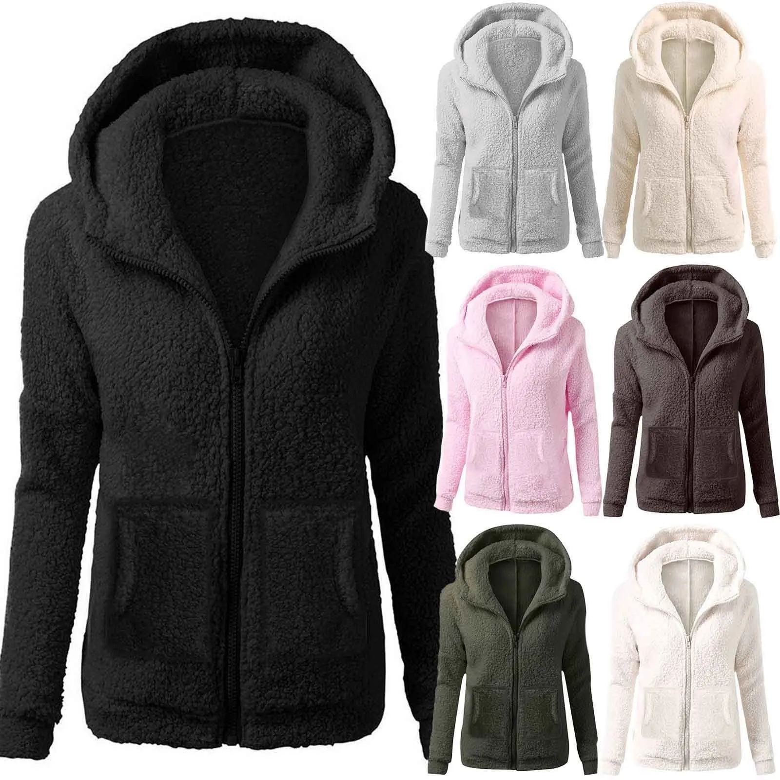 Women\'S Fashion Jackets Solid Lambswool Coat Slim Straight Hooded Plush Zip Up Jackets Autumn Winter Simple Versatile Jackets