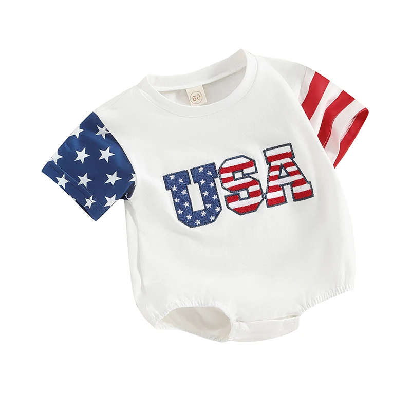 

Newborn Baby Boy Girl 4th of July Outfit USA Embroidery Bubble Romper Oversized Short Sleeve Tshirt Romper Bodysuit