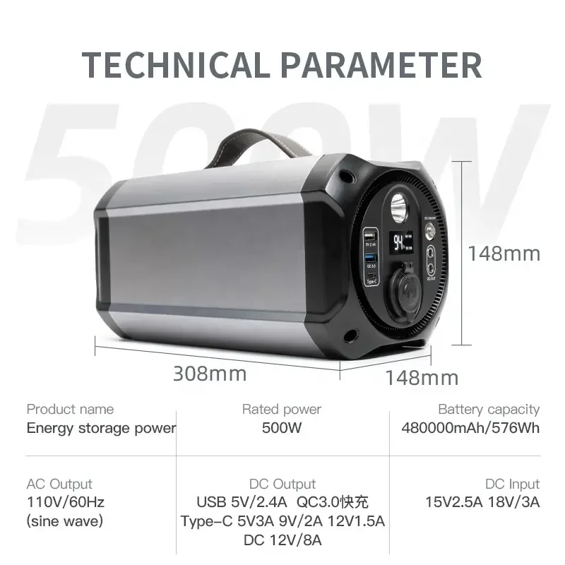 Ultra-compact 300-watt lithium battery pack, SOS light with wireless charging, dual AC sockets, and outdoor adventure