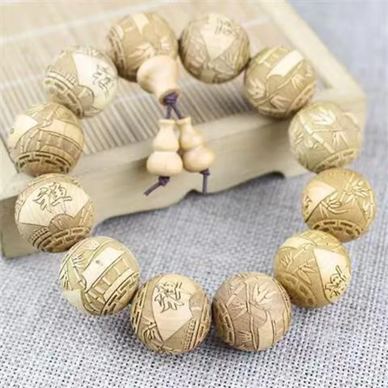 20MM Natural Thuja Cypress Wooden Creative Full Carved Buddha Beads Bracelet Dragon phoenix