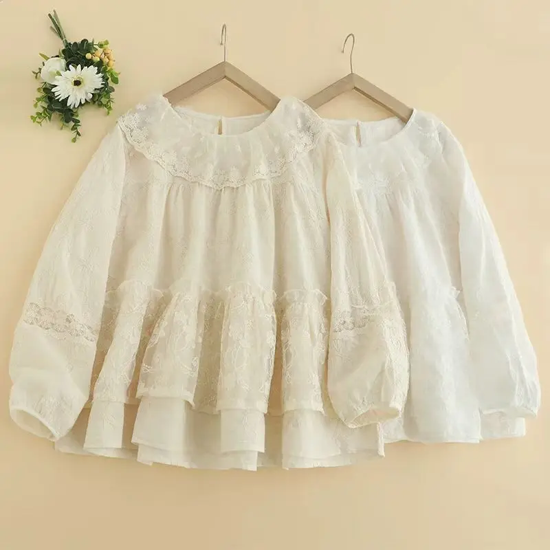 Spring New Japan Style Sweet Mori Girl Mesh Embroidery Shirt Women O-Neck Long Sleeve Solid Color Casual Loose Tops