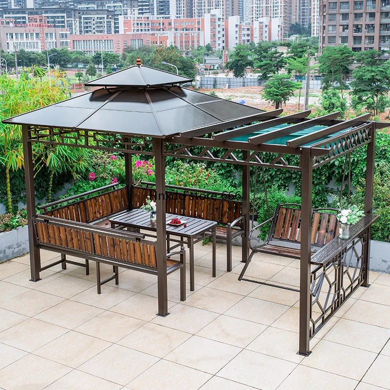 Outdoor gazebo grape stand swing table and chairs preservative wood