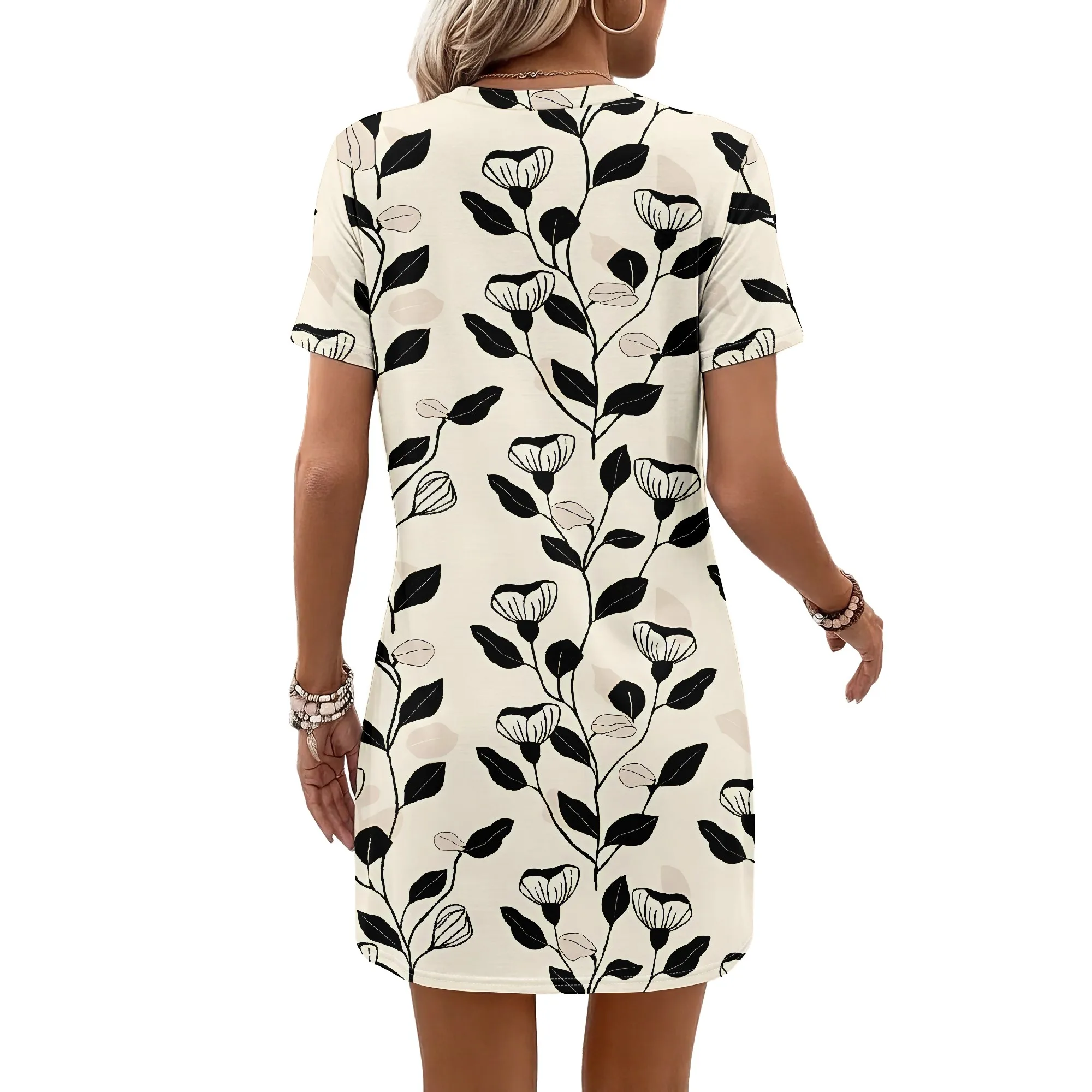Blumenmuster-Kurzarmkleid, Schwarzes Blätterdruck-Tunika-Kleid, Sommerliches Casual-Shift-Kleid, Damen-Mini-Sommerkleid für Strandpartys, S-2XL – Detail 3