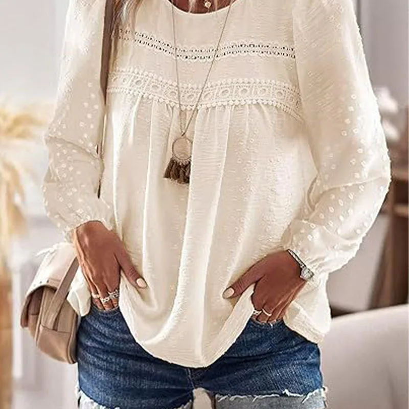 

Women's Fall Tops Crewneck Long Sleeve Shirts Casual Chiffon Blouses Flowy Lace Hem Boho Clothing Trendy 2025