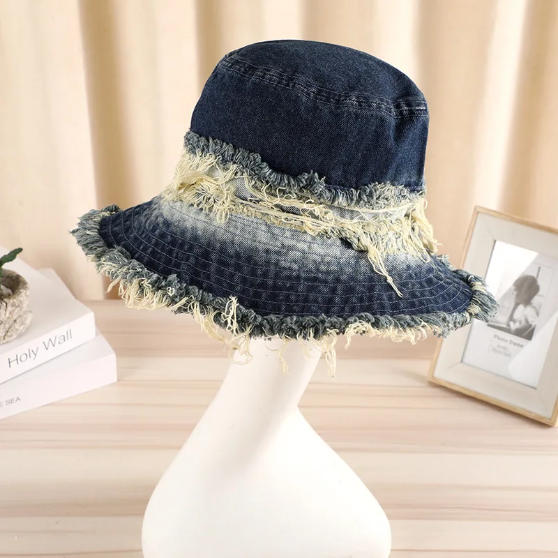 Denim Bucket Hat Fake Old Washed Retro Summer Trend Outdoor Sun Cap Breathable Elastane Material, Strong Cleaning