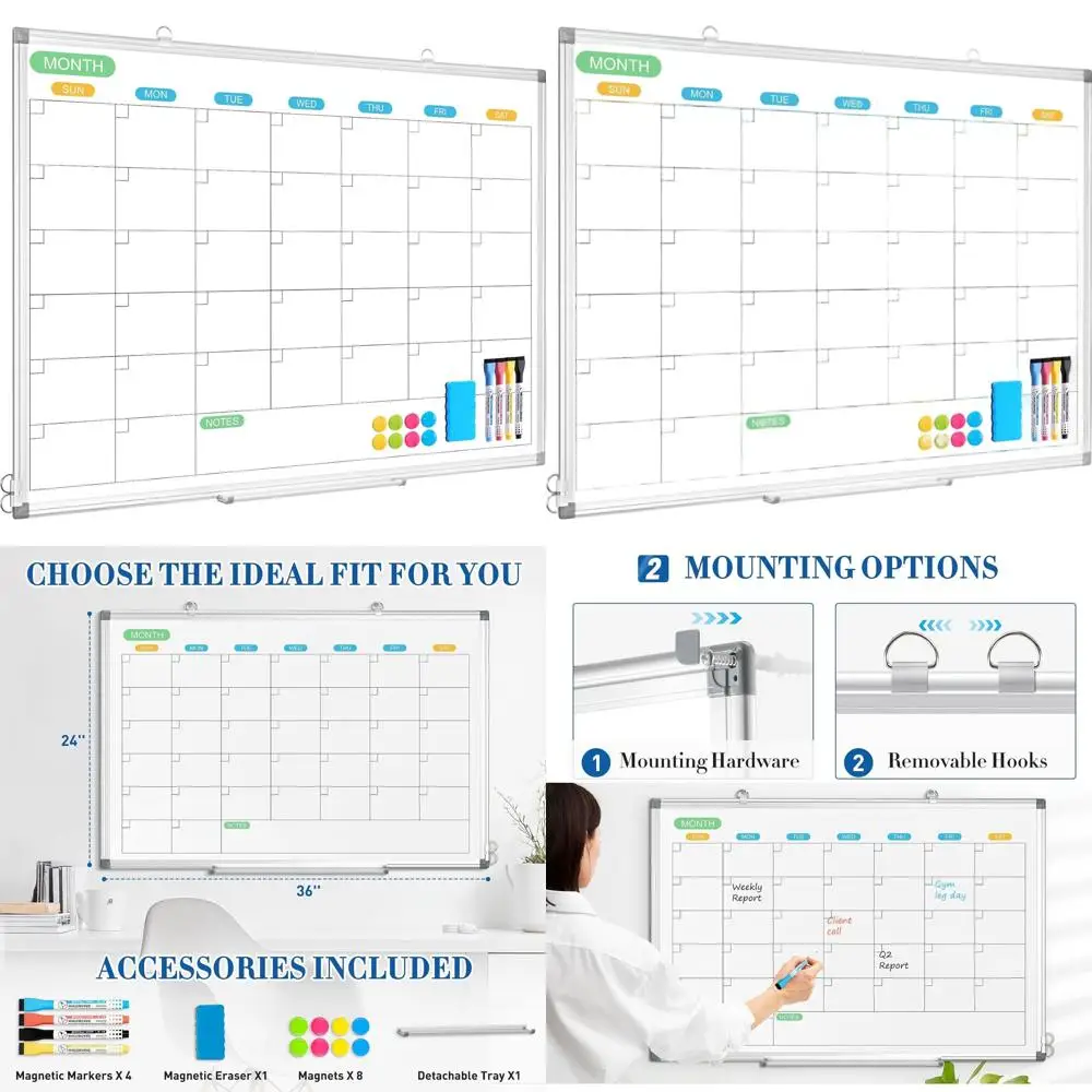 

Two-Sided 36x24 Dry Erase Wall Calendar Whiteboard with Silver Frame for Home, Office, School Use