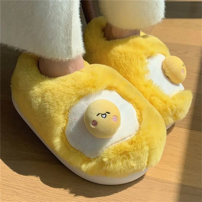 

Funny fried egg design fur slippers women designer sunny-side-up fluffy indoor shoes ladies full wrap home slipper