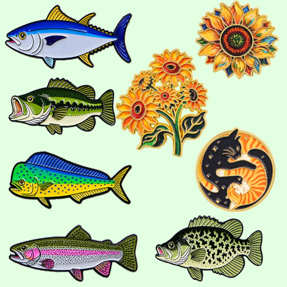 Vintage Brooch Pin - Animal Theme Enamel Pins Fish Cat