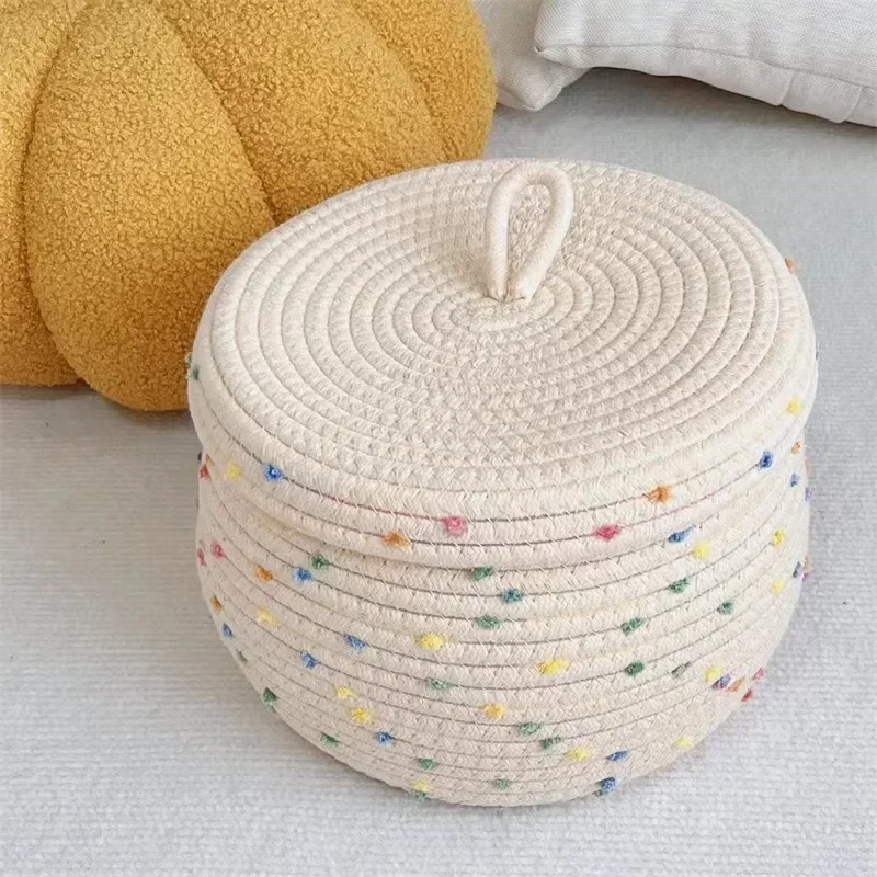 Cotton rope storage basket with lid desktop storage box key supplies woven makeup storage basket underwear