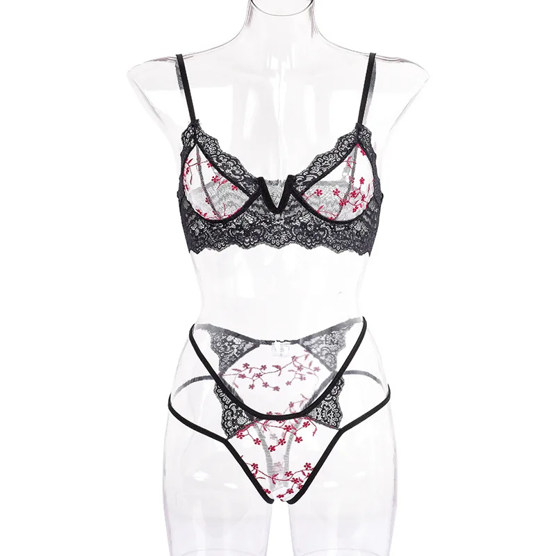 

Women Lingerie Set Ultra Thin Lace Bra Set Sexy Transparent Underwear Romantic Embroidery Heart Brassiere Female French Bralette