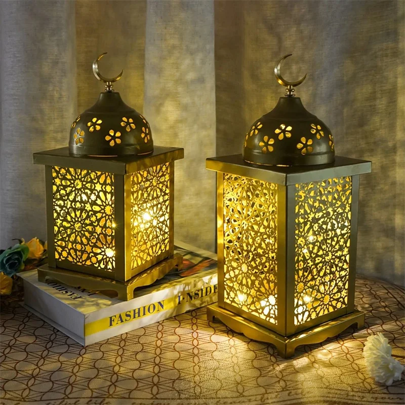 1PC Metal Vintage Wind Lamp Morocco Hollow LED Lantern Home Table Night Light for Eid Mubarak Ramadan Kareem Party Decoration