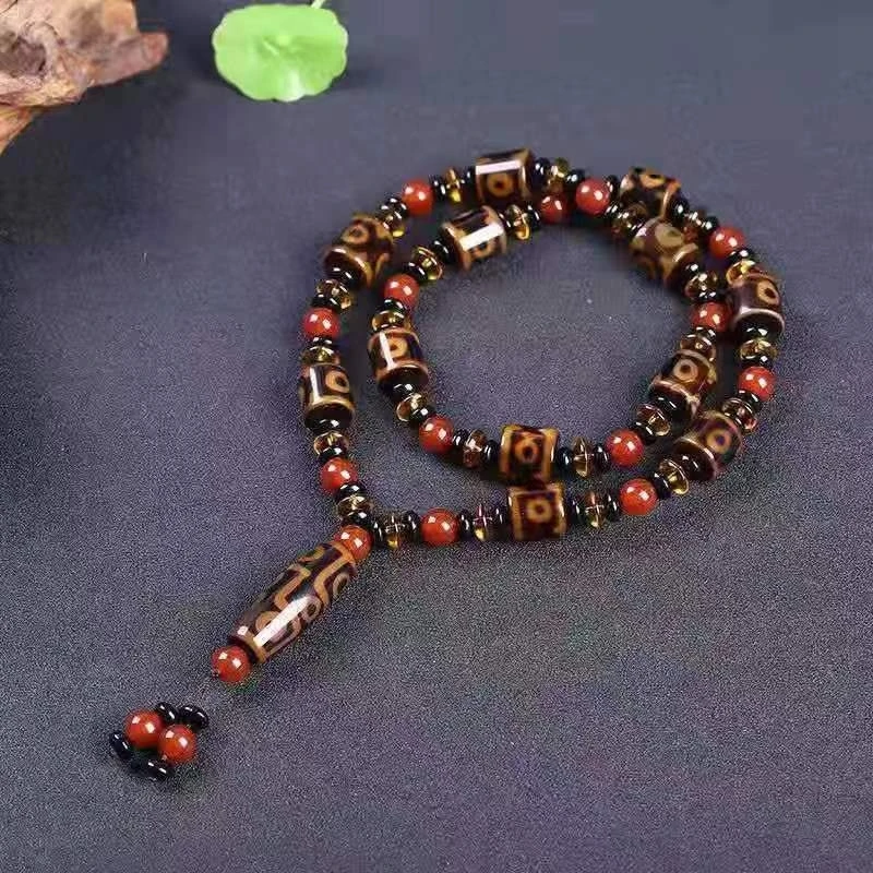 

Tibetan Agate Nine-Eyed Dzi Bead Necklace Men, Versatile Sweater Chain, Buddhist Style Women's Accessory Pendant