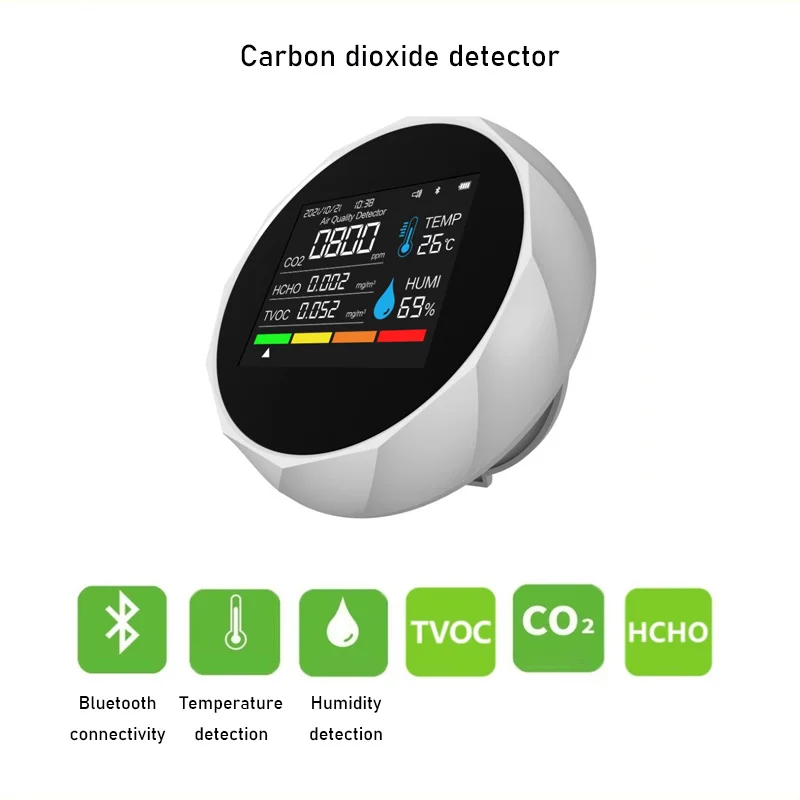 

CO2 Formaldehyde TVOC Temperature Humidity Five in One Detector Bluetooth Connectivity Air Quality Detector