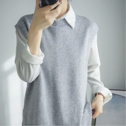 Autumn and Winter Solid Color Vest Women's Korean Version Loose Slit Versatile Knitted Sleeveless Round Neck Shoulder Sweater