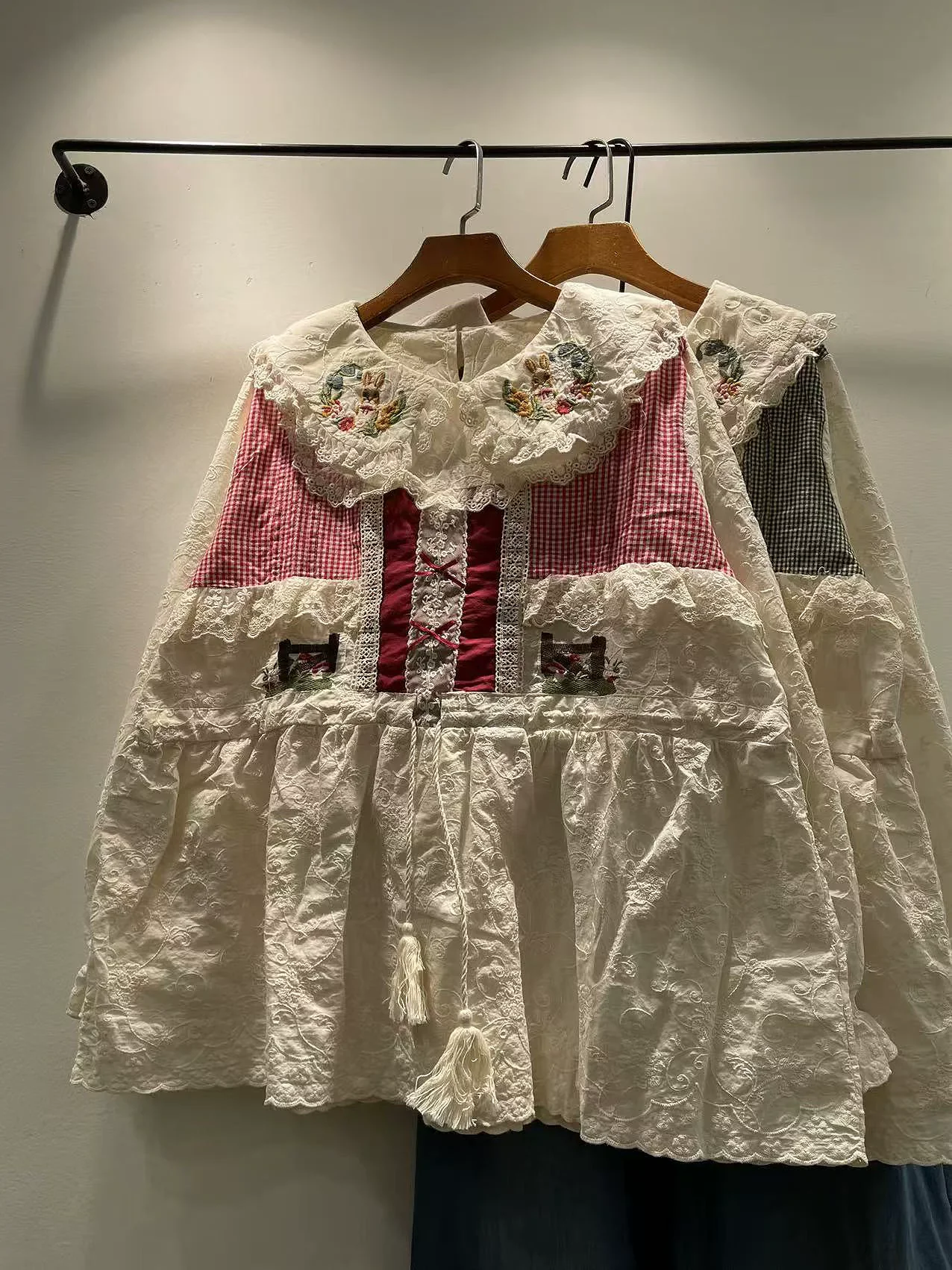 

2026 Japanese mori girl style sweet red green plaid lace patchwork shirts and blouses for women kawaii fairy long sleeve tops