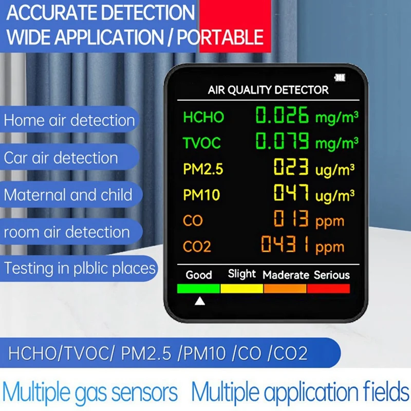 2X 6 In 1 PM2.5 PM10 HCHO TVOC CO CO2 Air Quality Detector CO CO2 Formaldehyde Monitor Office Air Quality Tester,Black