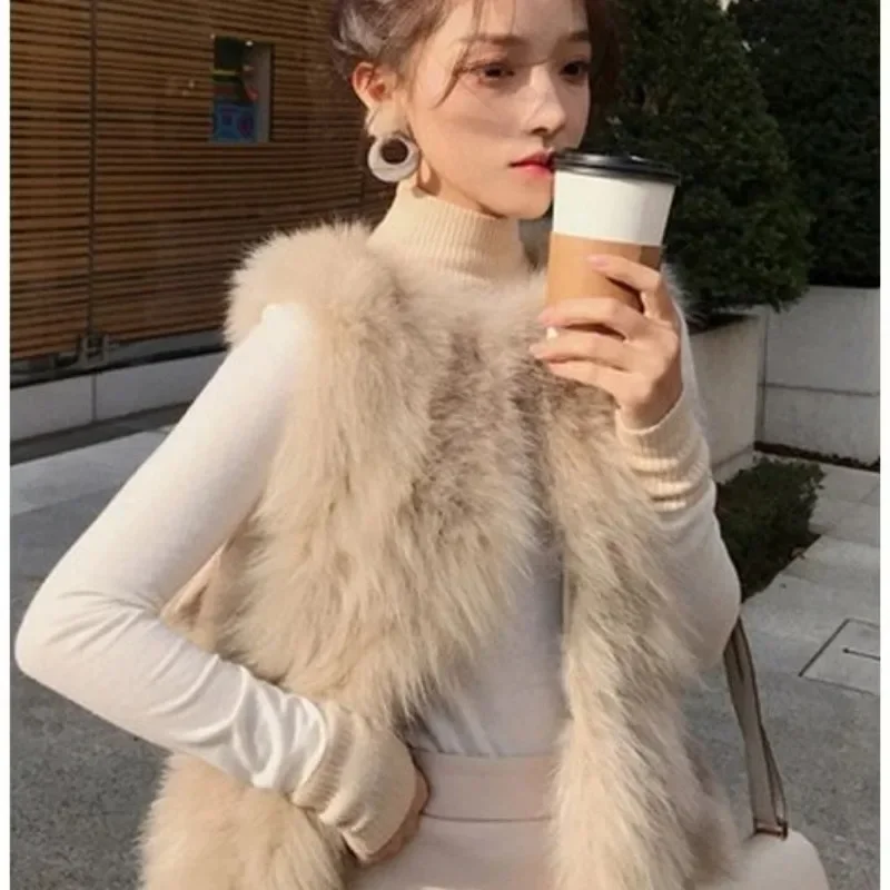 2024 Fashion Faux Fur Winter Vest Jackets Sleeveless Thickening Keep Warm Flocking Mid-length V-collar Fluffy Fake Overcoats New