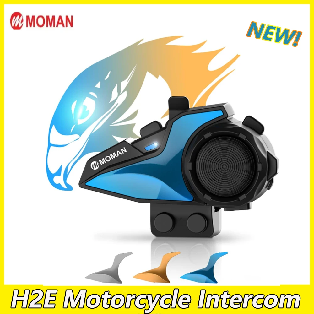 Moman H2E Motorcycle Intercom Headset Communication System Dual Chip for Audio Multitasking HiFi Sound/Music Sharing/FM/AI Voice