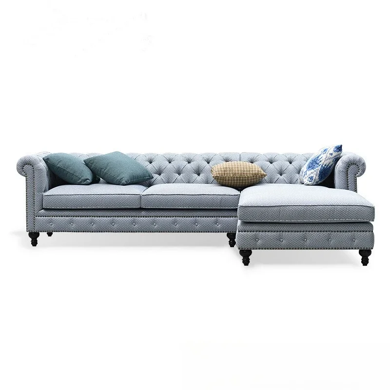 American living room fabric soft bag corner sofa furniture cafe hotel casual linen buckle sofa