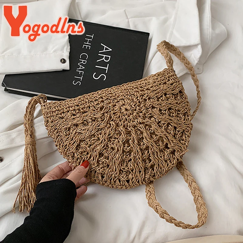 Yogodlns New Half Round Straw Bags for Women Summer Beach Rattan Bag Handmade Woven Half Moon Crossbody Handbags Bohemia