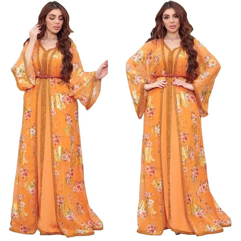 Abayas Ethnic Printed Floral Muslim Hijab Dress Moroccan Jalabiya Women Islamic Clothes Kaftan Evening Gown Turkey Dubai Ramadan