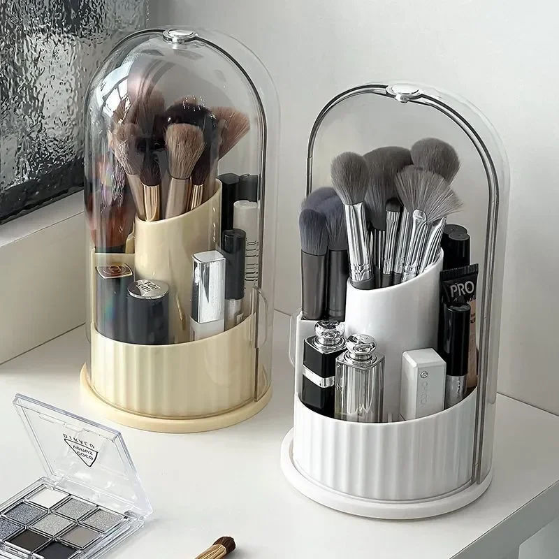 Makeup Brush Holder Organizer 360° Rotating Cosmetic Organizer with Lid Desktop Makeup Organizer Lipstick Eyebrow Pencil Holder