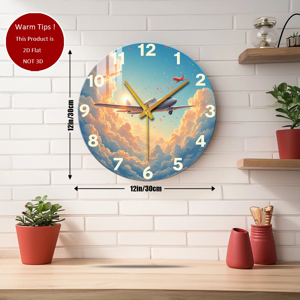 Relógio de parede de vidro temperado avião nuvens sol confete relógio adequado para decoração de parede ou exibição de mesa em qualquer lugar