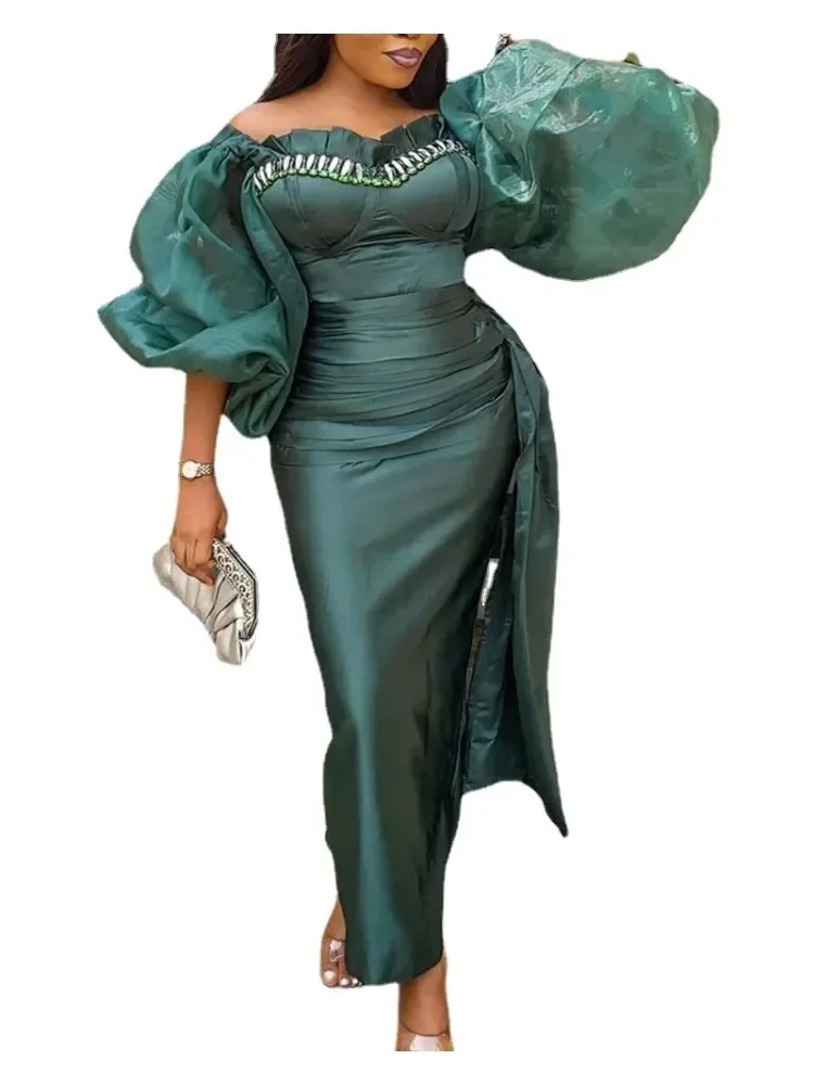 

2025 African Dresses for Women Autumn African Women Short Sleeve Green Plus Size Dress African Clothes S-5XL