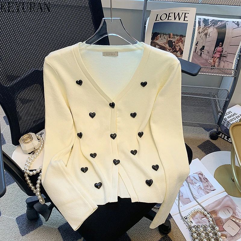 Cardigan en Tricot à Col en V pour Femme, Simple Boutonnage, Slim, Blanc, Noir, Pull, Collection Printemps Automne 2024