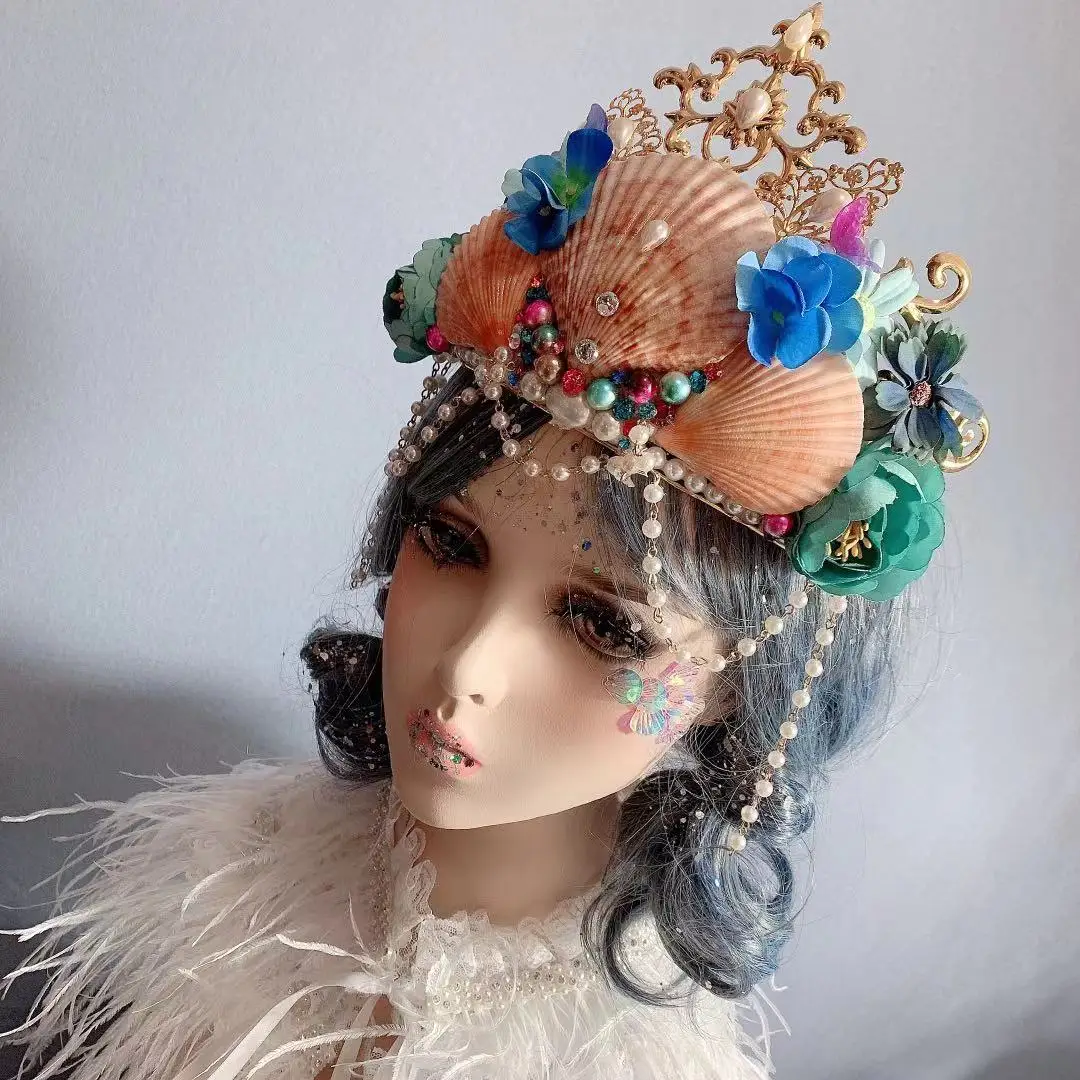 Vintage Mermaid Princess Crown Party Favors Shell Fairy Spirit Headwear Carnival Cosplay การถ่ายภาพ Elf เจ้าสาว Headdress