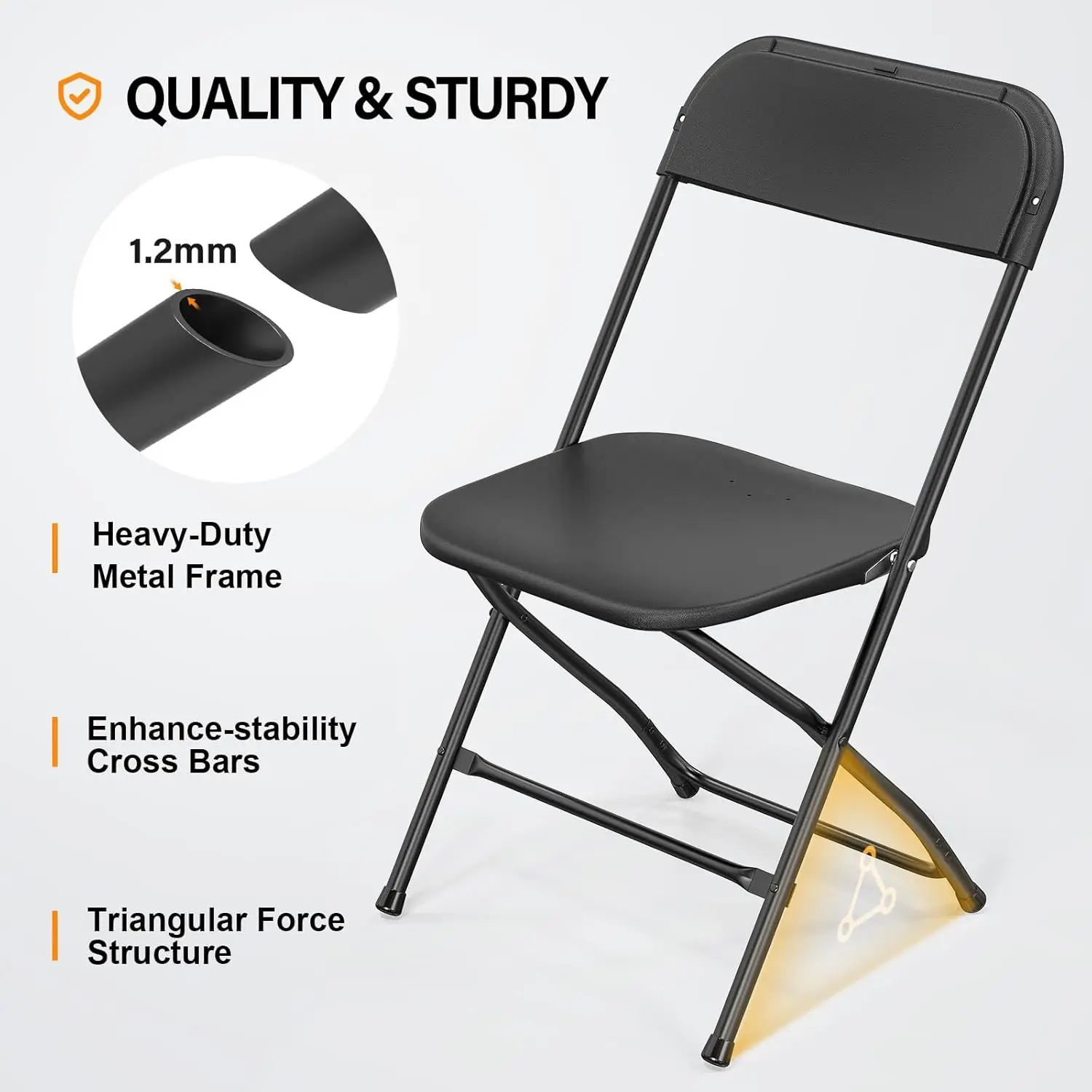 Silla plegable de plástico negro para interiores y exteriores, asiento comercial apilable portátil con marco de acero de 350lb, paquete de 8 Capacidad, nuevo EE. UU.