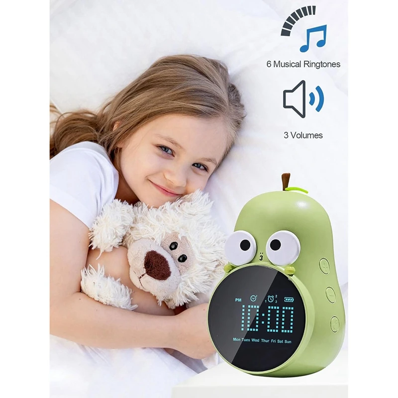 Alarm Clock For Kids Cute Pear Design, Snooze, Triple Alarms, 5 Ringtones- Digital Wake Up Clock Rechargeable Easy To Use Pink