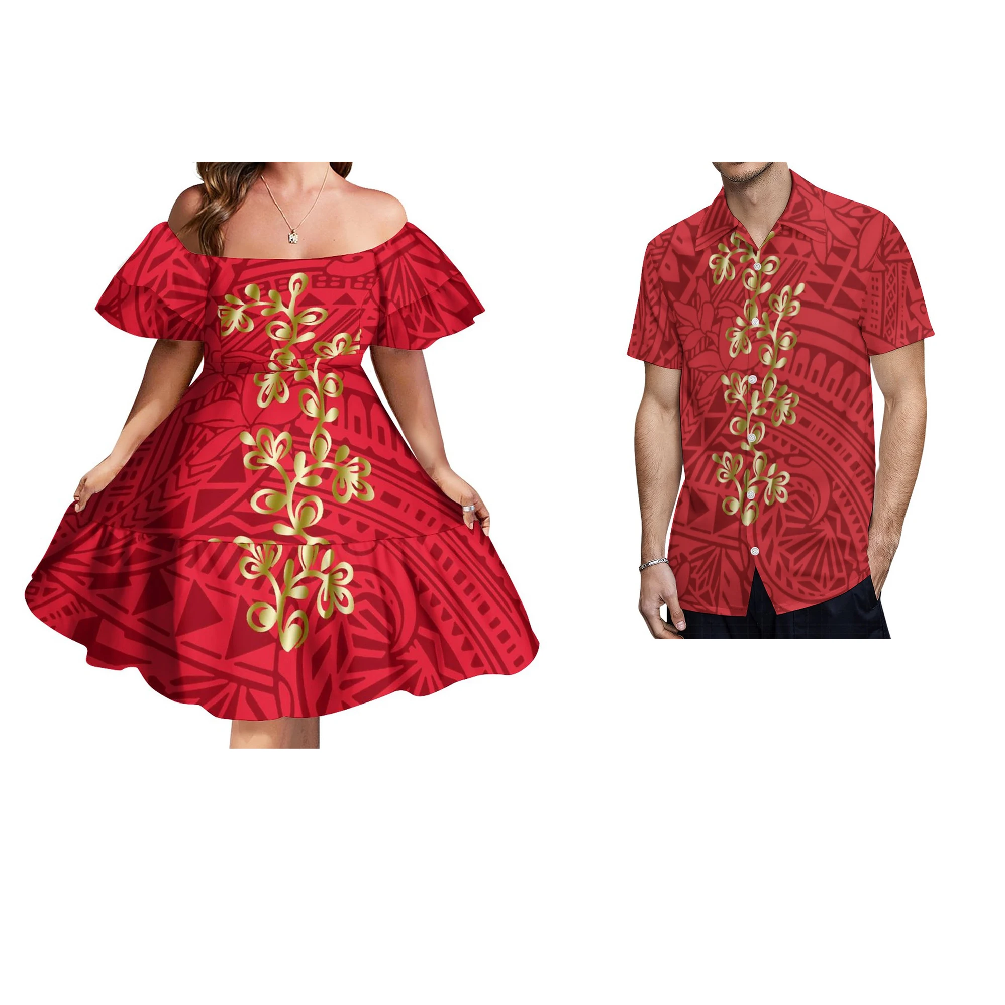 Custom Logo Pacific Island Art Sustainable Ruffle Sleeve Dress Hawaii Tribal Polynesian Hibiscus Sublimation Print Short Dresses