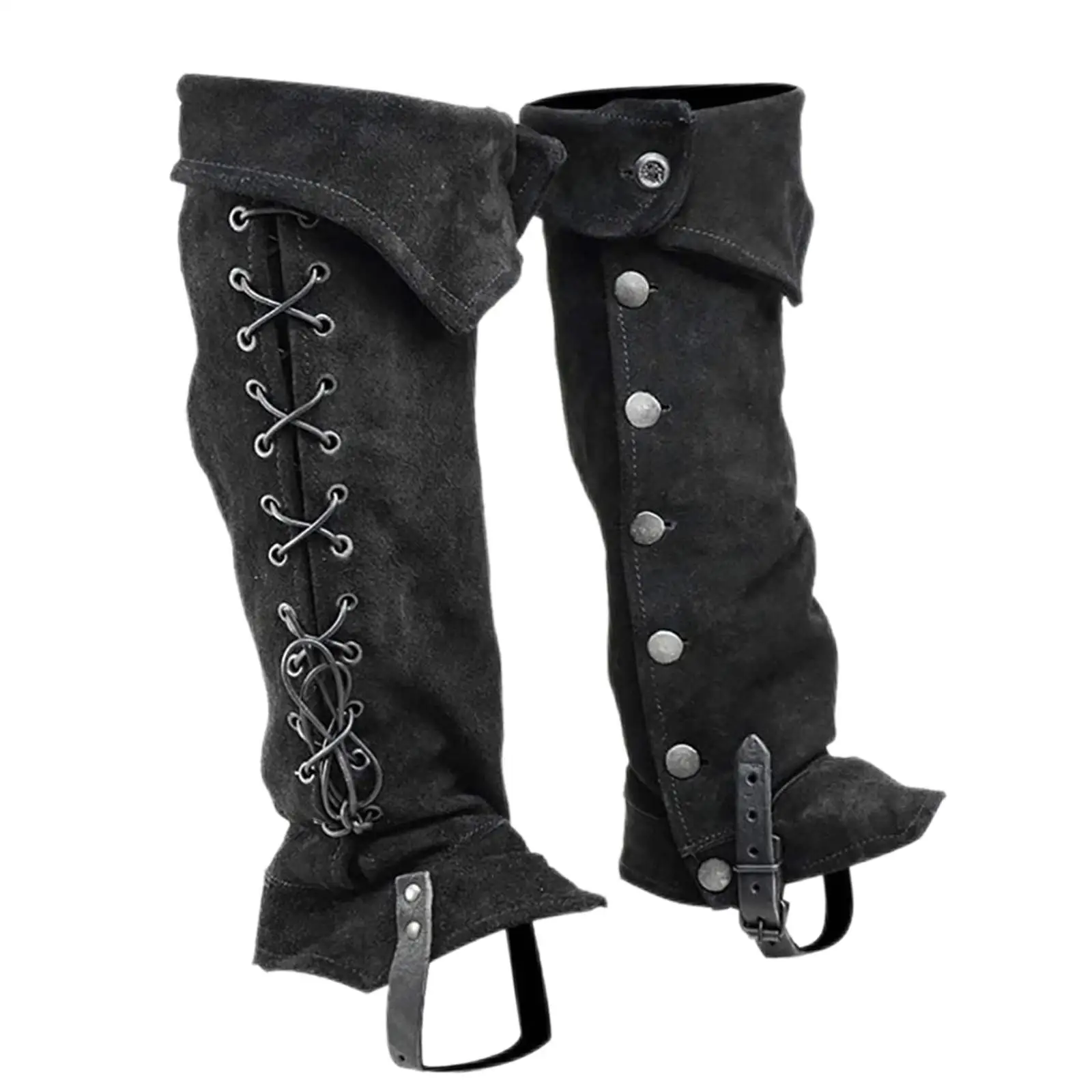 Men Renaissance Pirate Boot Covers Faux Leather Medieval Gaiters Soldier Boot Top with Lace Up and Buttons for Halloween Party