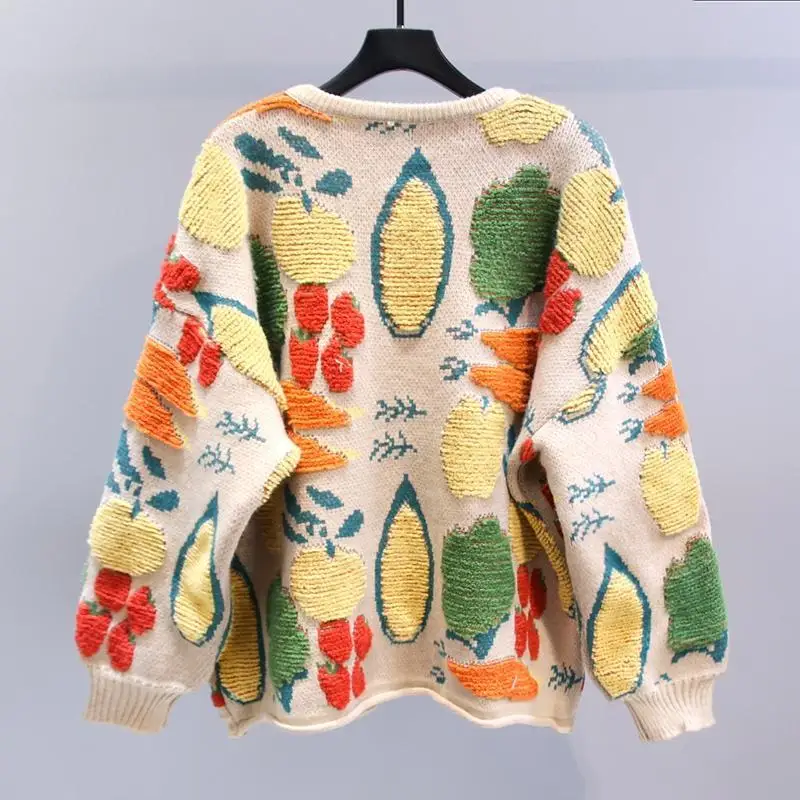 Design Vintage Y2k Sweaters O Neck Single Breasted Flocking Contrast Color Cardigan Coats All Match Loose 2023 Women's Clothing