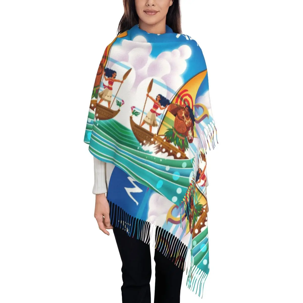 Custom Moana Ocean Spirit Poster Tassel Scarf Women Soft Shawls Wraps Female Winter Fall Scarves