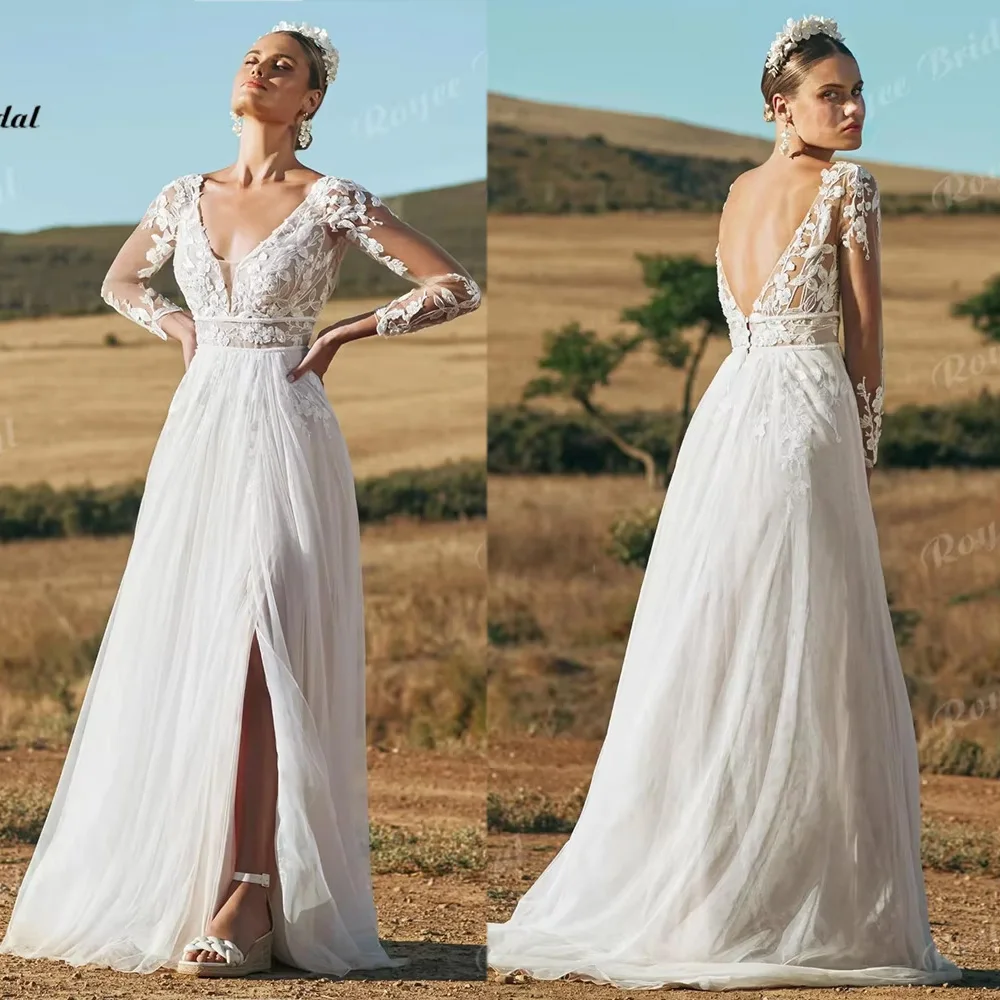 Plunge V Neck Sheer Long Sleeve Lace Wedding Dress Deep Open Back High Split Flowy Tulle A-line  Vestido De Novia Customized