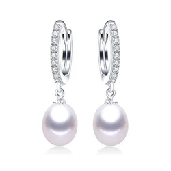 Simple 925 Silver 8-9mm Pearl Earring for Women Real Natural Freshwater Pearl Rice Round Hoop Earrings Fashion Jewelry Gifts