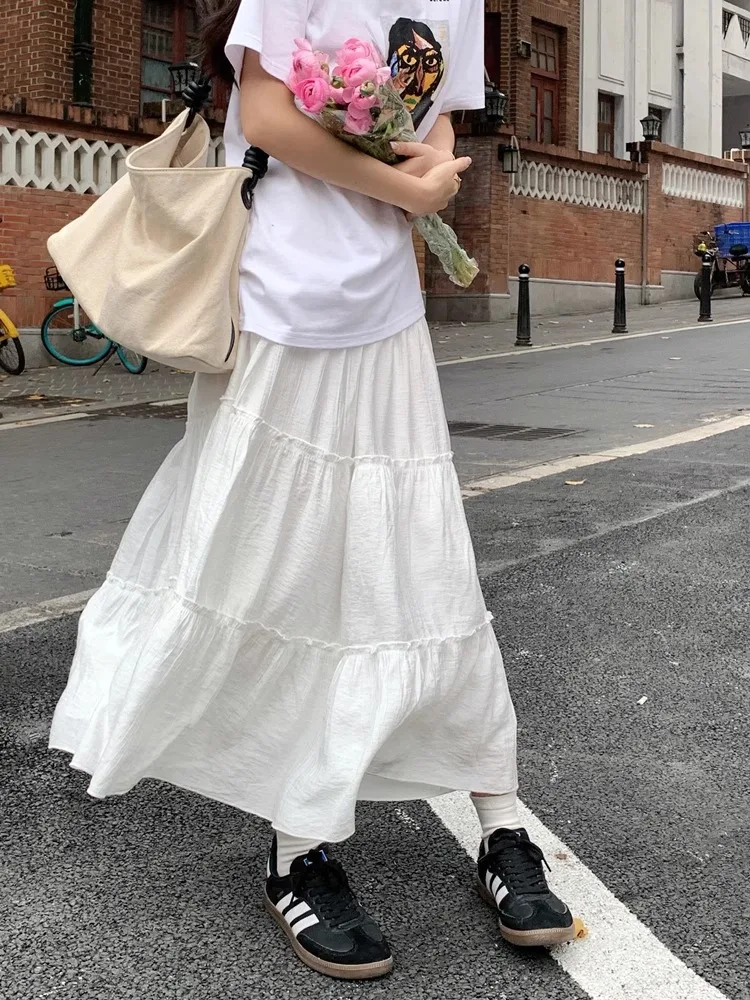 

2025 Pleated f Skirt Women's Midi Skirt Flared Gored White Cake Skirt High Waist Korean Sle Commute Faion