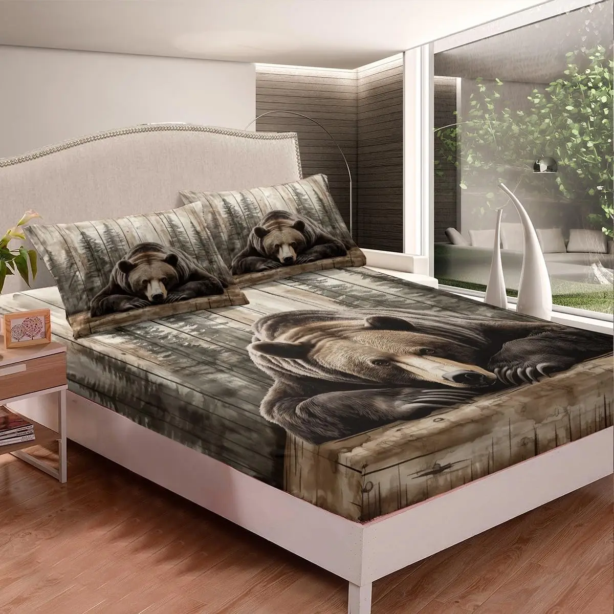 ชุดเครื่องนอนคิงกริซลี่แบร์ - สไตล์บ้านไร่แบบชนบท ลายพิมพ์สัตว์ป่าในป่าสไตล์วินเทจ