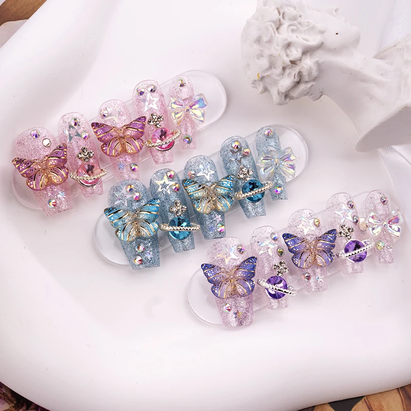 

Purple Glitter Rhinestone Butterfly Handmade Press On Nails Y2K Long Short False Nails Girl Jewelry Reusable Fake Nails Tips