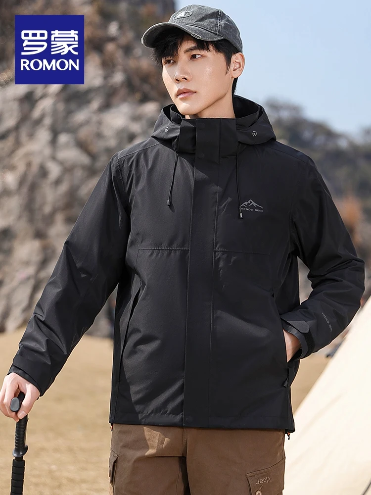 Men's Casual down Jacket Romon Detachable Inner Liner Three-Way Wear Fashionable Urban Style Regular Fit Hooded Zipper Closure