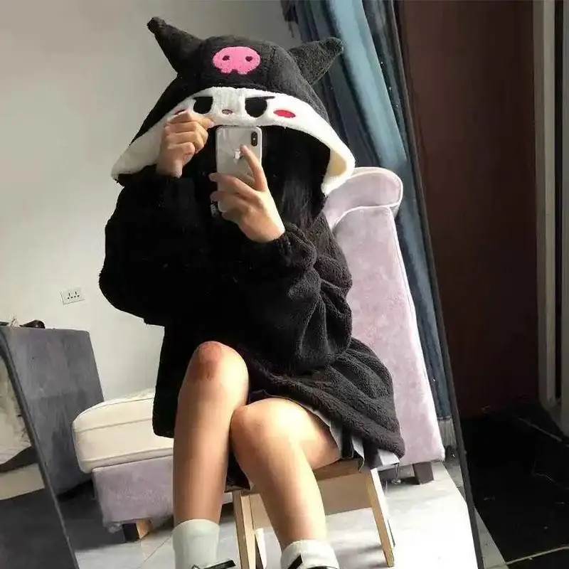 جديد المرأة مرحبا كيتي مقنعين البلوز شيربا معطف قبعة انفصال خريف شتاء كورومي سينامورول جاكيت زيبرا رشاقته الدافئة