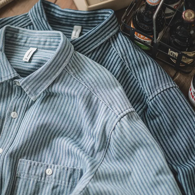 

American Retro Striped Collar Workwear Denim irt Men Heavyweight Ameika Khaki Stripes Loose ket irt Trendy Long Sve