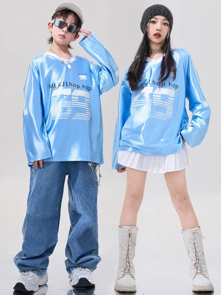 Ropa de Hip Hop para niños, Tops azules, pantalones vaqueros azules para niño y niña, falda blanca, ropa de traje de baile