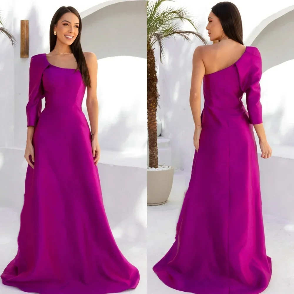 

Customized Pastrol Jersey Pleat A-line One-shoulder Long Dresses Evening Dresses Unisex Chinese Style Formal Casual Simple Retro