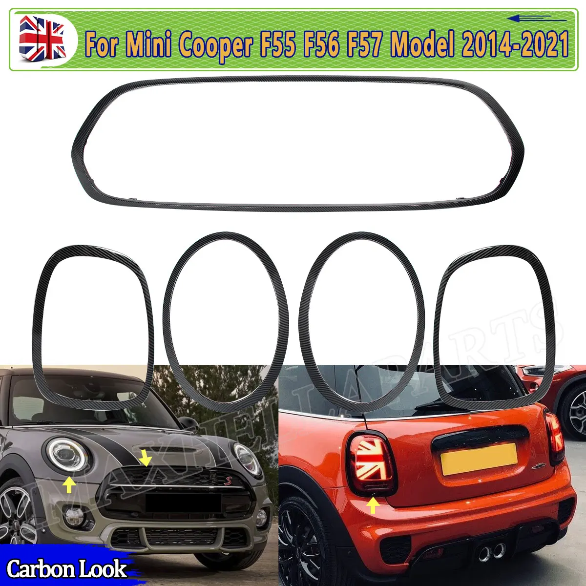 

For Mini Front Grill Fog Light Cover Cooper S F55 F56 F57 2014-2022 Carbon Look 5PCS Grille Rear Left Right Light Cover Cap Trim