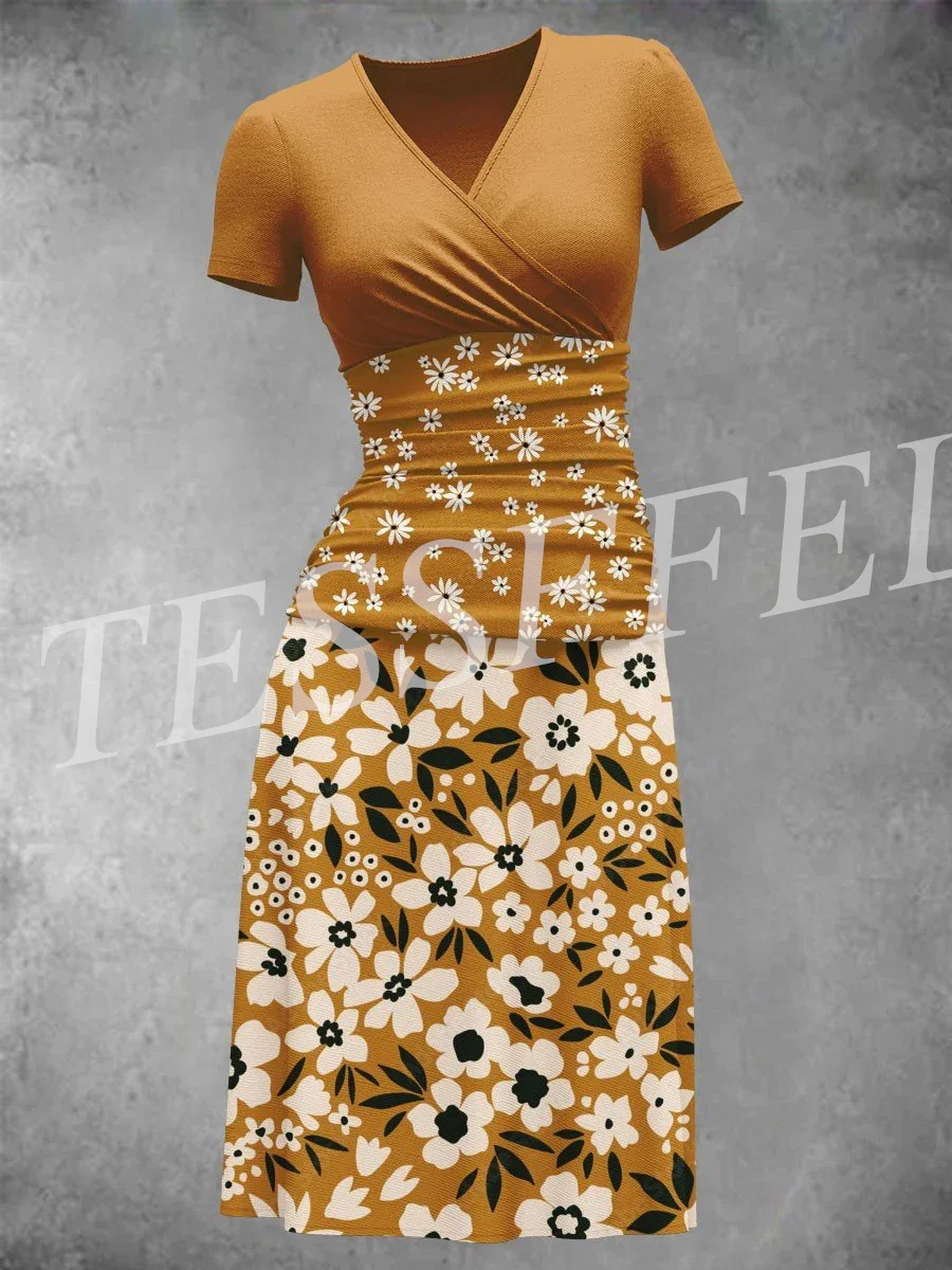 Tessffel-Vestido Maxi Vintage e Retro, Vestido Longo Colorido, Decote em V, Impressão 3D, Manga Curta, Flor, Gradiente, Harajuku, Nova Moda, V1